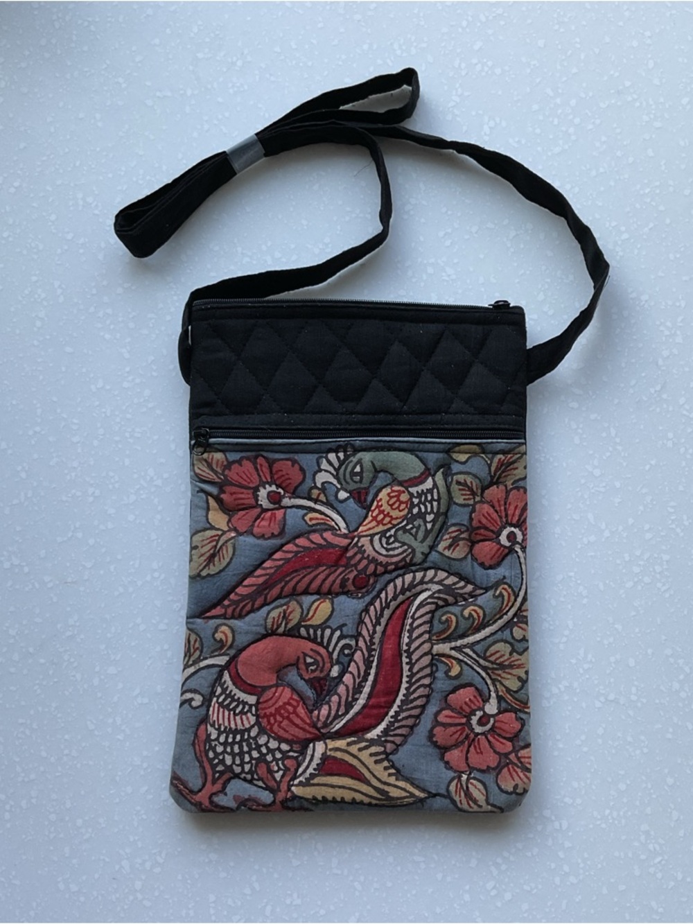 Quilted Crossbody Bag with Floral Bird Tapestry